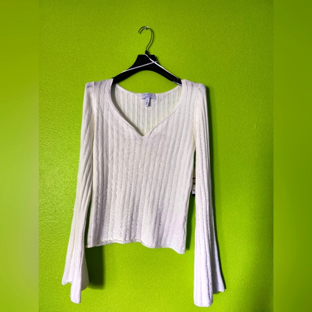 Sofia Vergara Women's Sheer Sweetheart Neck Sweater with Notched Stripes